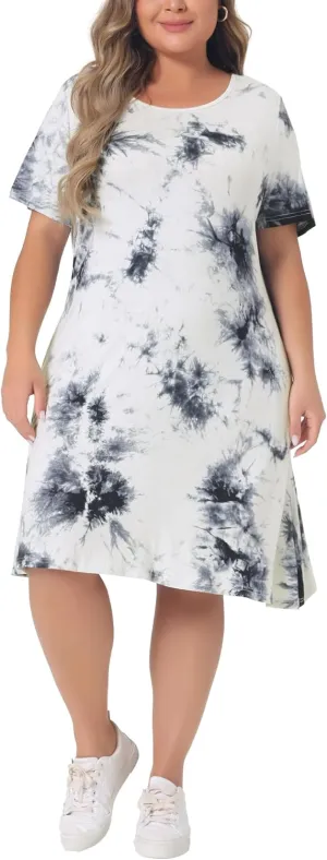 Agnes Orinda Plus Size Dress for Women Round Neck Tie Dye Short Sleeve Casual Midi Dresses 2024