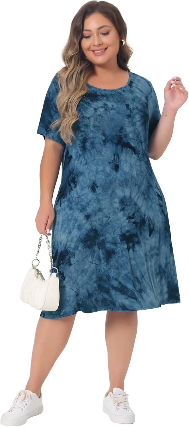 Agnes Orinda Plus Size Dress for Women Round Neck Tie Dye Short Sleeve Casual Midi Dresses 2024