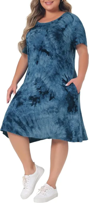 Agnes Orinda Plus Size Dress for Women Round Neck Tie Dye Short Sleeve Casual Midi Dresses 2024