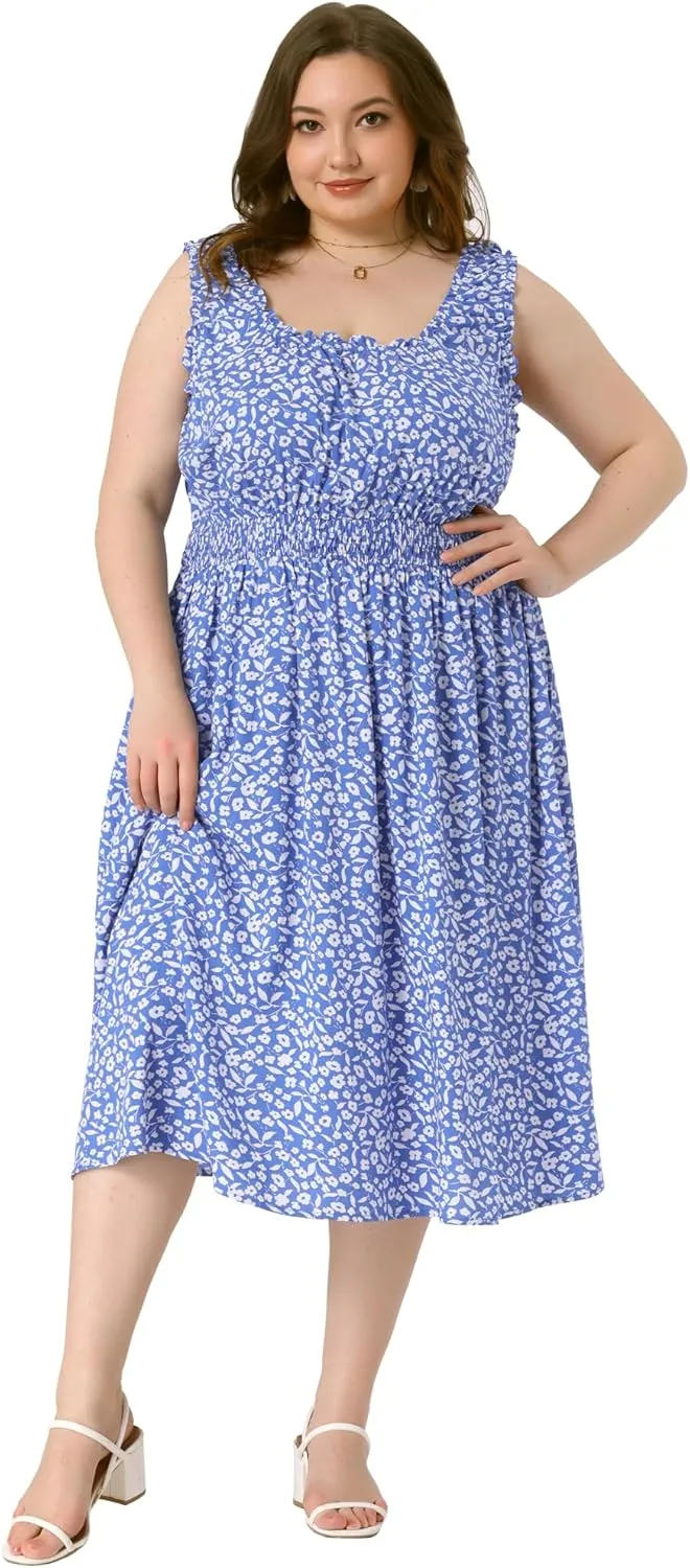 Agnes Orinda Plus Size Dress for Women Square Neck Sleeveless Floral Flowy Stretchy Waist Midi Summer Dresses
