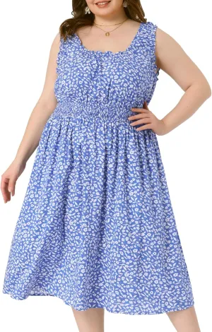Agnes Orinda Plus Size Dress for Women Square Neck Sleeveless Floral Flowy Stretchy Waist Midi Summer Dresses