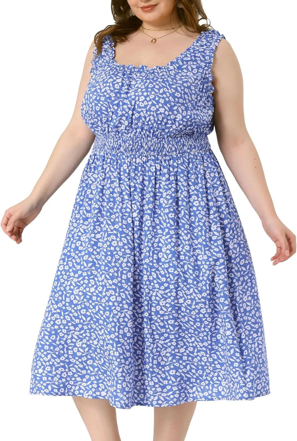 Agnes Orinda Plus Size Dress for Women Square Neck Sleeveless Floral Flowy Stretchy Waist Midi Summer Dresses