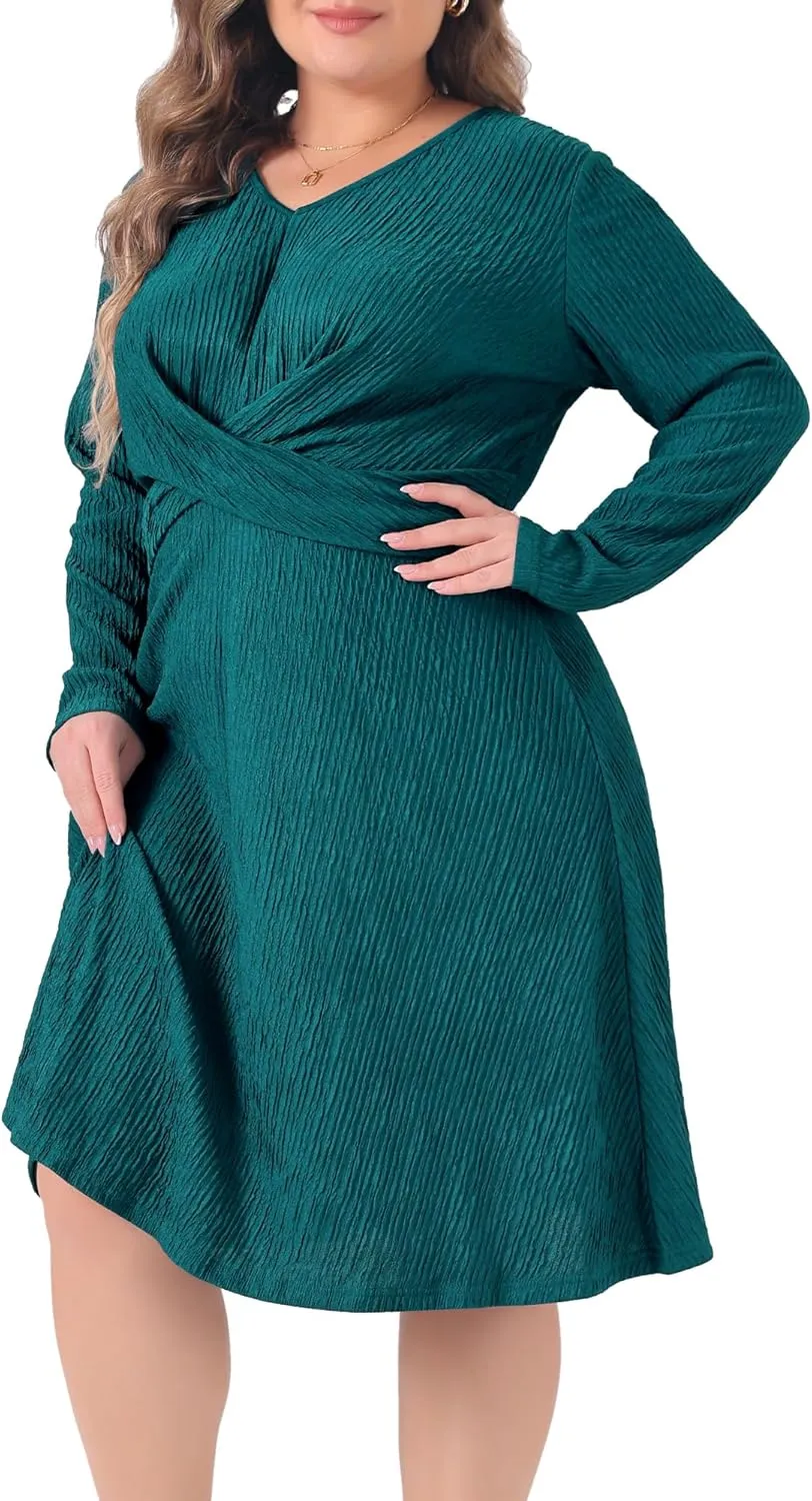 Agnes Orinda Plus Size Dresses for Women Long Sleeve Elegant Knitted Criss Cross V Neck Sweater Midi Dress