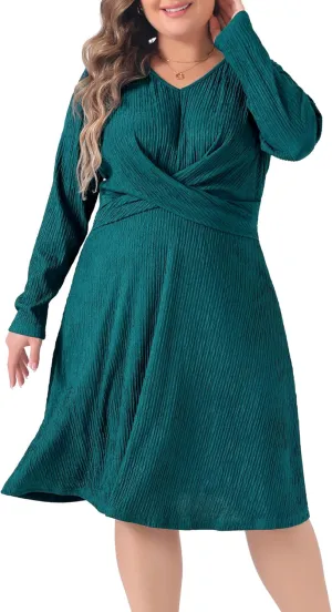Agnes Orinda Plus Size Dresses for Women Long Sleeve Elegant Knitted Criss Cross V Neck Sweater Midi Dress