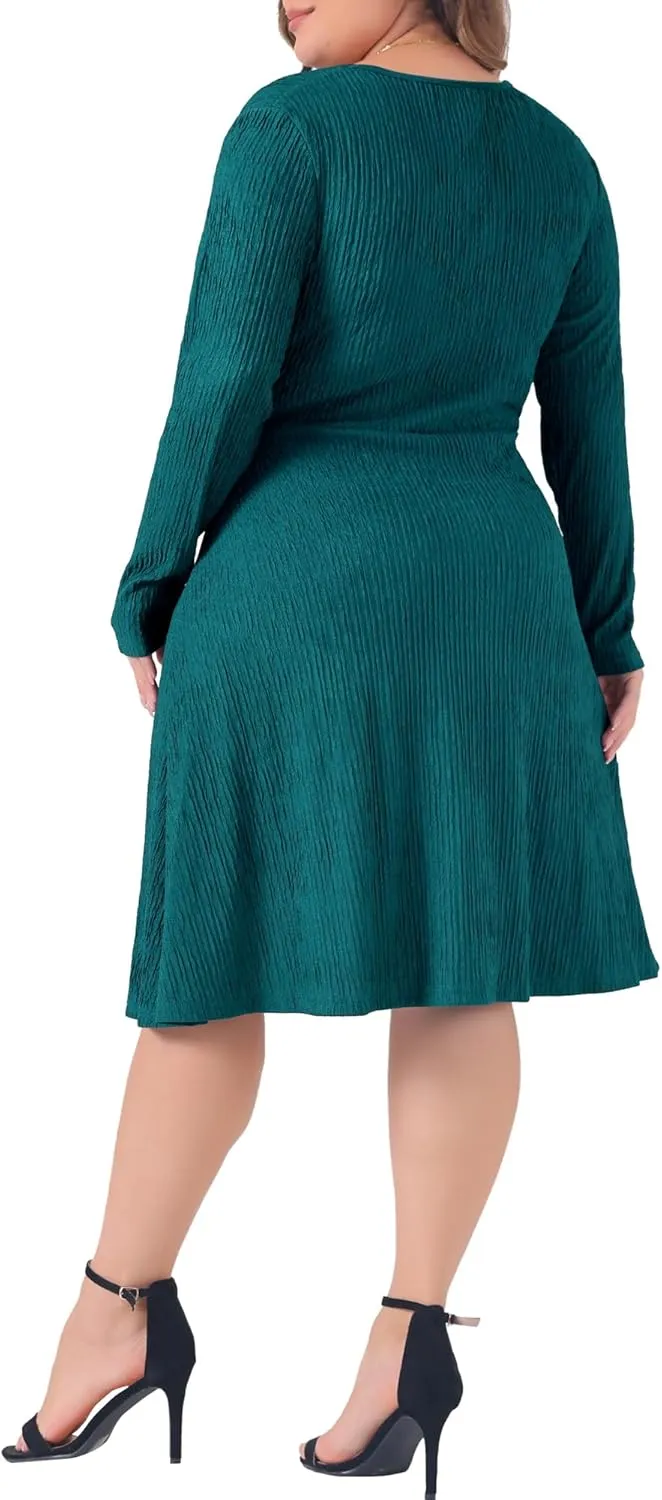 Agnes Orinda Plus Size Dresses for Women Long Sleeve Elegant Knitted Criss Cross V Neck Sweater Midi Dress