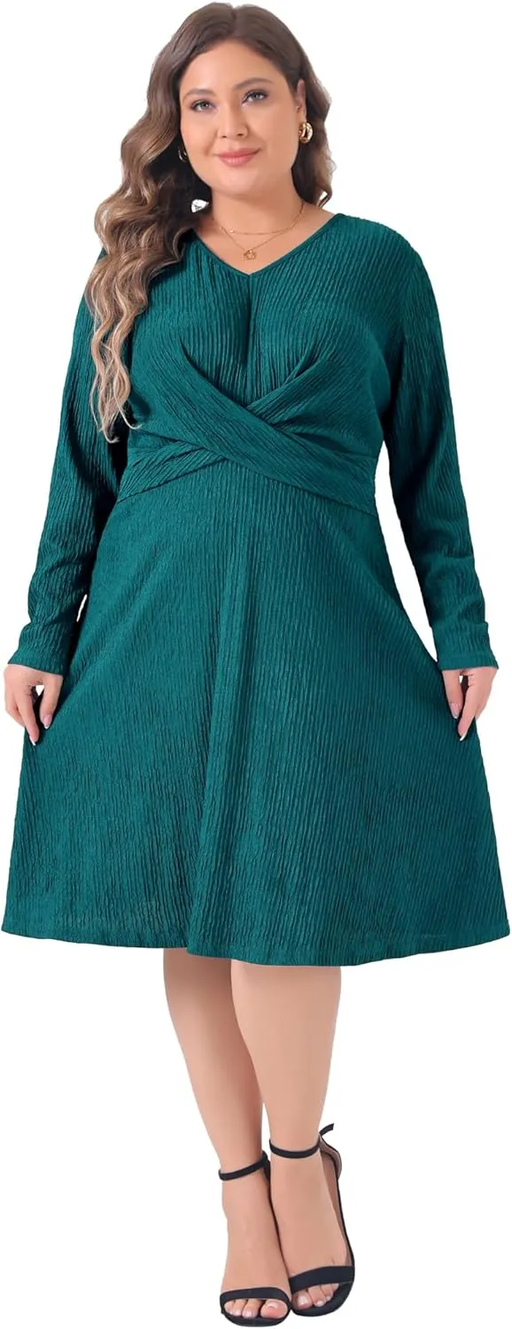 Agnes Orinda Plus Size Dresses for Women Long Sleeve Elegant Knitted Criss Cross V Neck Sweater Midi Dress