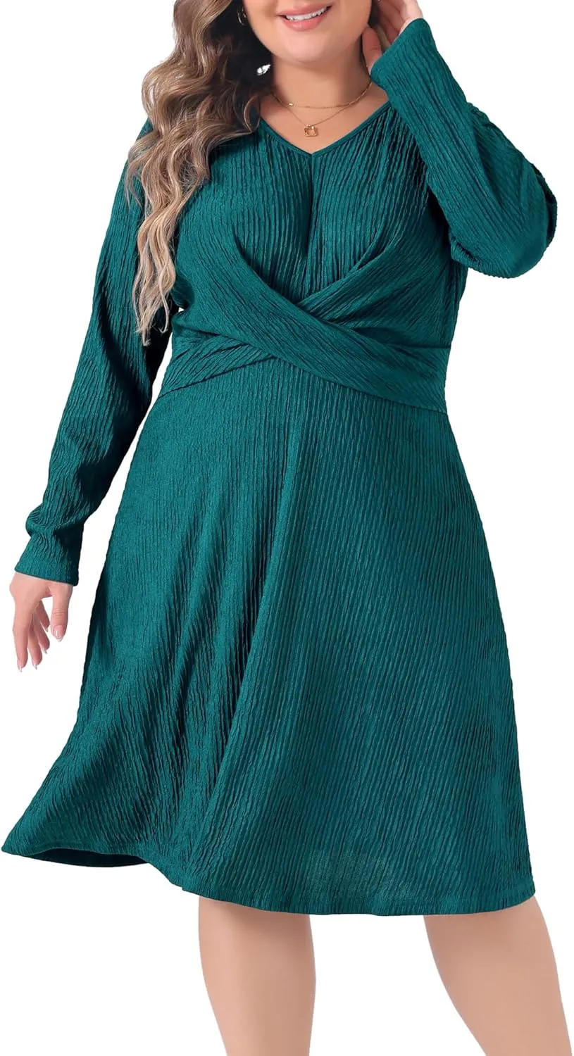 Agnes Orinda Plus Size Dresses for Women Long Sleeve Elegant Knitted Criss Cross V Neck Sweater Midi Dress