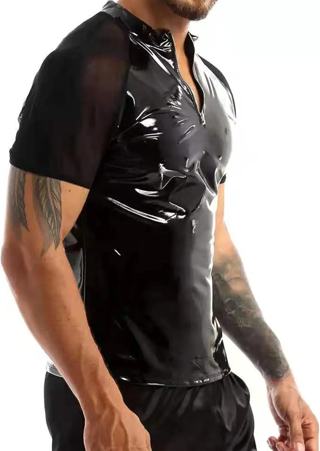 AIEOE Mens Leather Metallic Shirts Shiny Slim Fit Stretch Top Wetlook Club Party Undershirts