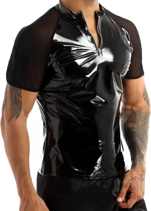 AIEOE Mens Leather Metallic Shirts Shiny Slim Fit Stretch Top Wetlook Club Party Undershirts