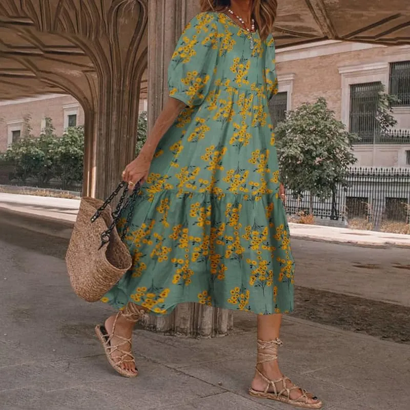 Akivide Women Boho Floral Print Half Puff Sleeve Maxi Dress Casual Crewneck Flowy Beach Vacation Tiered Dress 2024