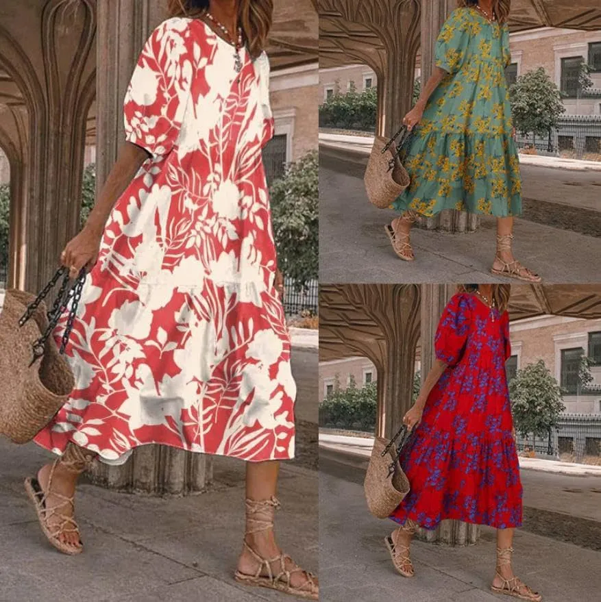 Akivide Women Boho Floral Print Half Puff Sleeve Maxi Dress Casual Crewneck Flowy Beach Vacation Tiered Dress 2024