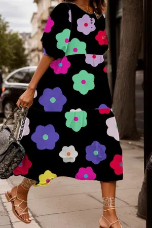 Akivide Women Boho Floral Print Half Puff Sleeve Maxi Dress Casual Crewneck Flowy Beach Vacation Tiered Dress 2024