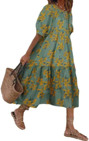 Akivide Women Boho Floral Print Half Puff Sleeve Maxi Dress Casual Crewneck Flowy Beach Vacation Tiered Dress 2024