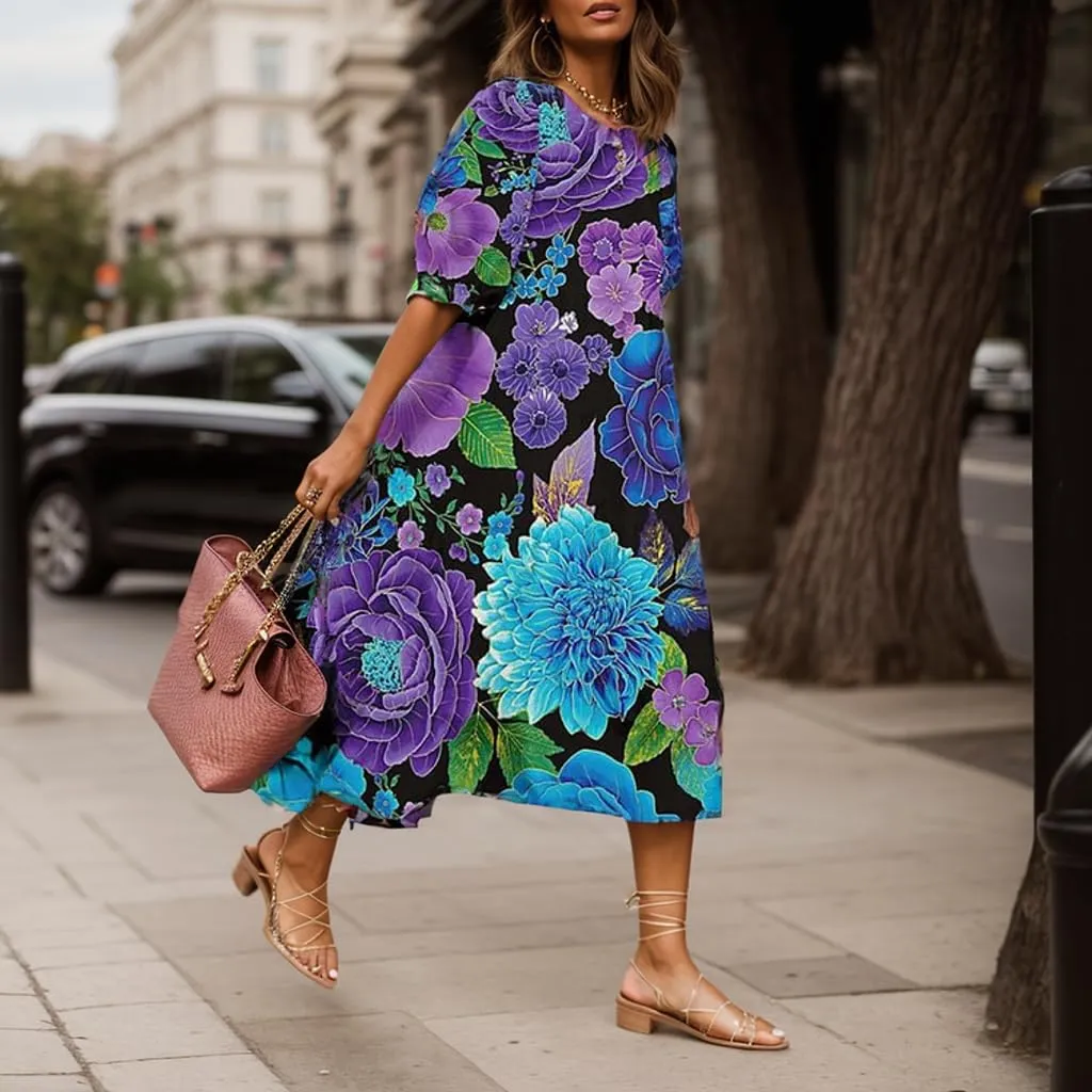 Akivide Women Boho Floral Print Half Puff Sleeve Maxi Dress Casual Crewneck Flowy Beach Vacation Tiered Dress 2024