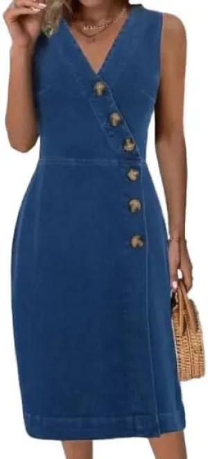 Akivide Women Casual Sleeveless Denim Dress V Neck Button Down Wrap Flowy Beach Jean Tunic Midi Dress 2024