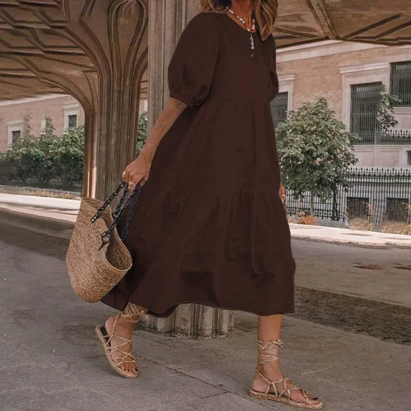 Akivide Women Cotton Linen Short Sleeve Maxi Dress Crewneck Tiered Solid Summer Casual Loose Flowy Beach Tshirt Dress