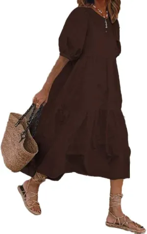 Akivide Women Cotton Linen Short Sleeve Maxi Dress Crewneck Tiered Solid Summer Casual Loose Flowy Beach Tshirt Dress