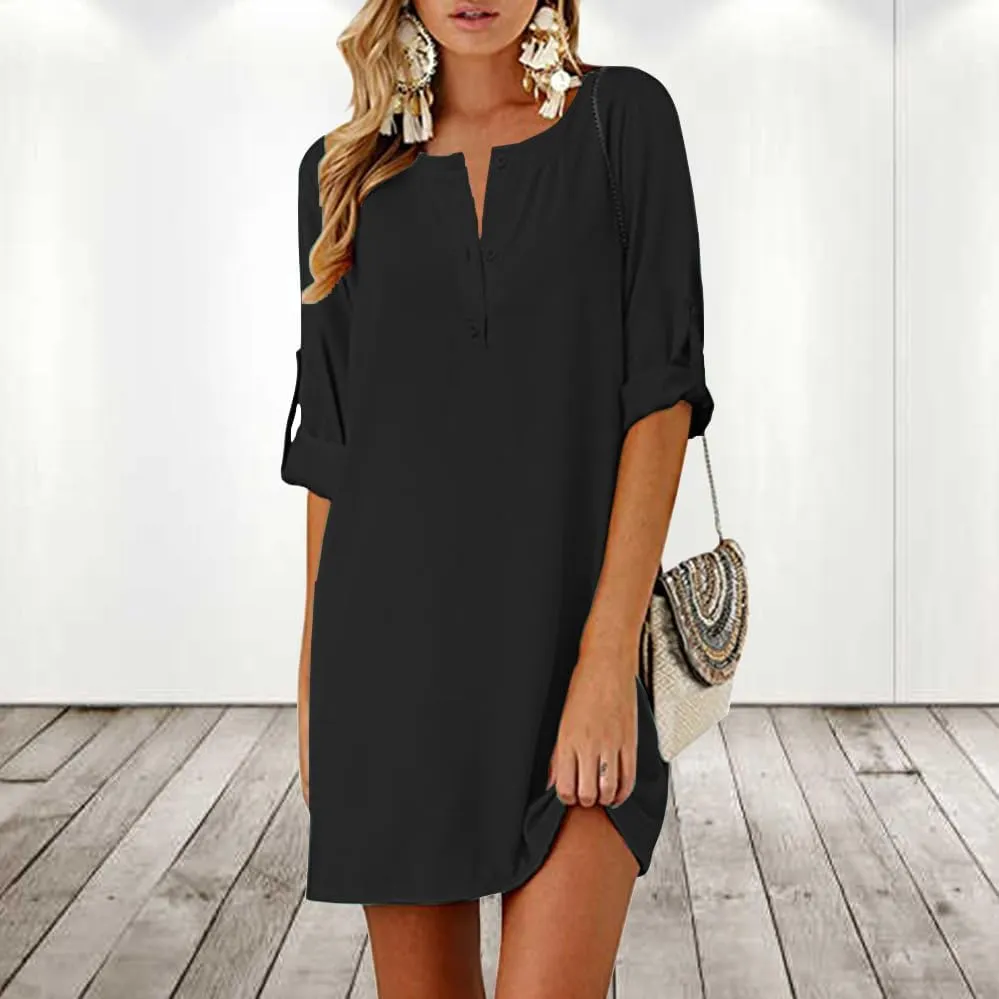 Akivide Women Summer Cotton Linen Half Sleeve Button Up Midi Dress V Neck Casual Plus Size Flowy Beach Shirt Dress