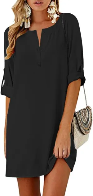 Akivide Women Summer Cotton Linen Half Sleeve Button Up Midi Dress V Neck Casual Plus Size Flowy Beach Shirt Dress