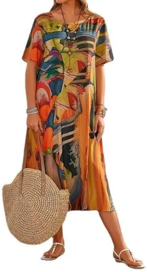 Akivide Women's Summer Boho Floral Loose Midi Tshirt Dress Casual Baggy Short Sleeve Beach Vacation Dresses