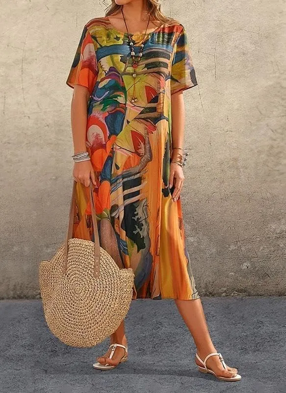 Akivide Women's Summer Boho Floral Loose Midi Tshirt Dress Casual Baggy Short Sleeve Beach Vacation Dresses