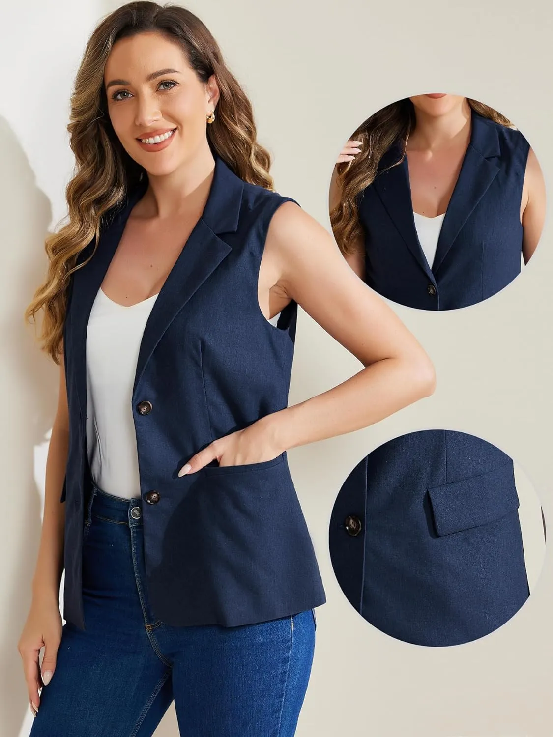 Allegra K Casual Sleeveless Blazer Vest for Women's Spring Summer Cotton Linen Work Office Suit Vest Jacket