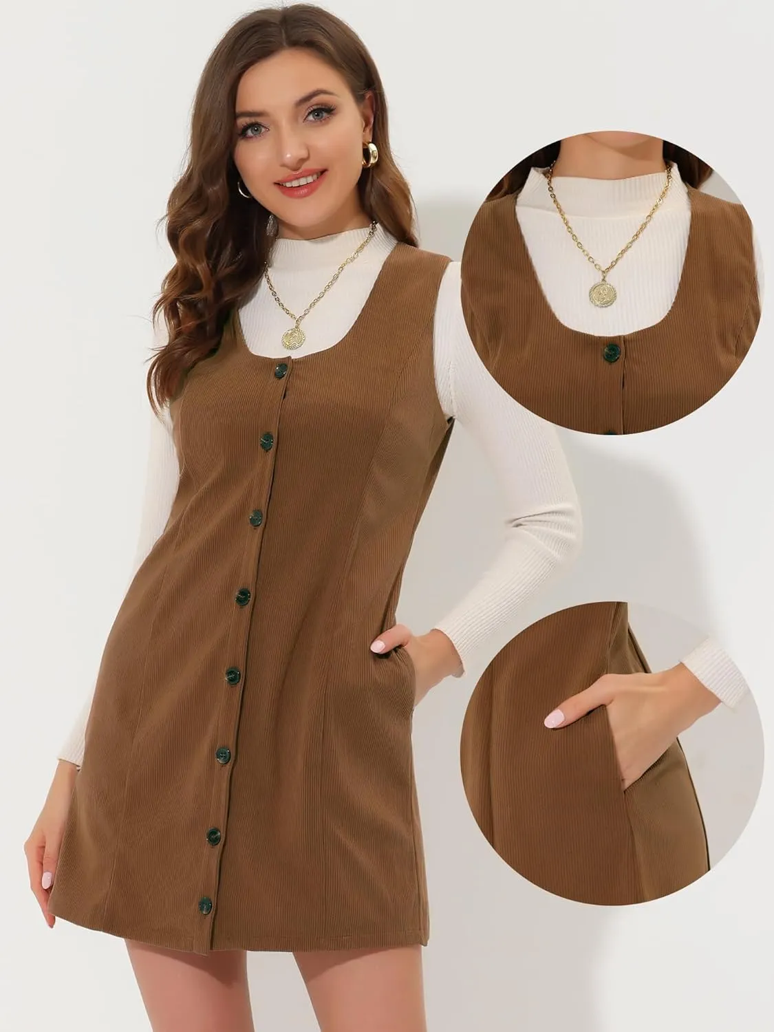 Allegra K Corduroy Overall Dress for Women's Scoop Neck Sleeveless Button Down Casual Pinafore Dresses