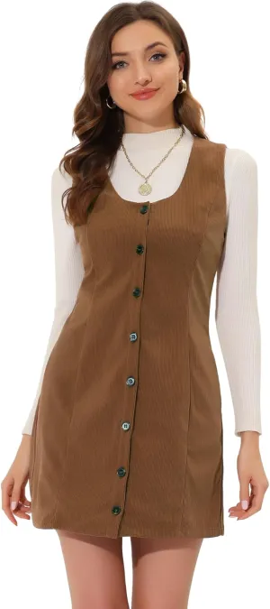 Allegra K Corduroy Overall Dress for Women's Scoop Neck Sleeveless Button Down Casual Pinafore Dresses