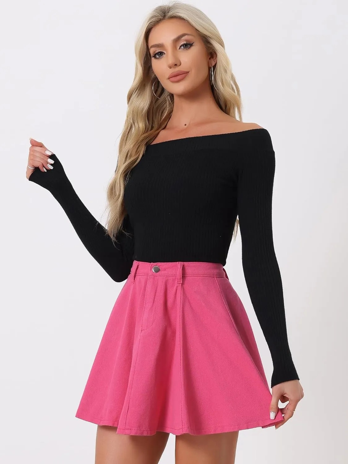 Allegra K Women's Casual Denim Skirt High Waist A-Line Flared Mini Jean Skirts with Belt