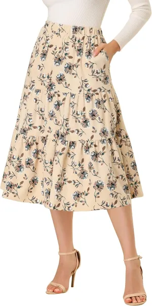 Allegra K Women's Corduroy Elastic Waist Warm Fall A-Line Pockets Tiered Floral Midi Skirt