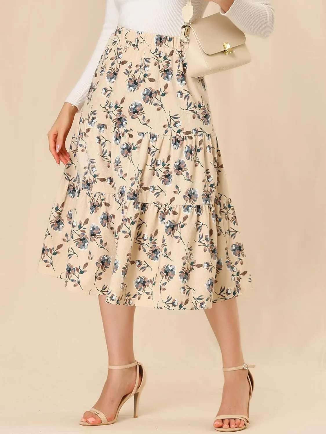 Allegra K Women's Corduroy Elastic Waist Warm Fall A-Line Pockets Tiered Floral Midi Skirt