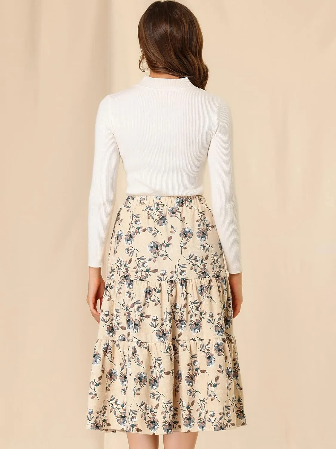 Allegra K Women's Corduroy Elastic Waist Warm Fall A-Line Pockets Tiered Floral Midi Skirt