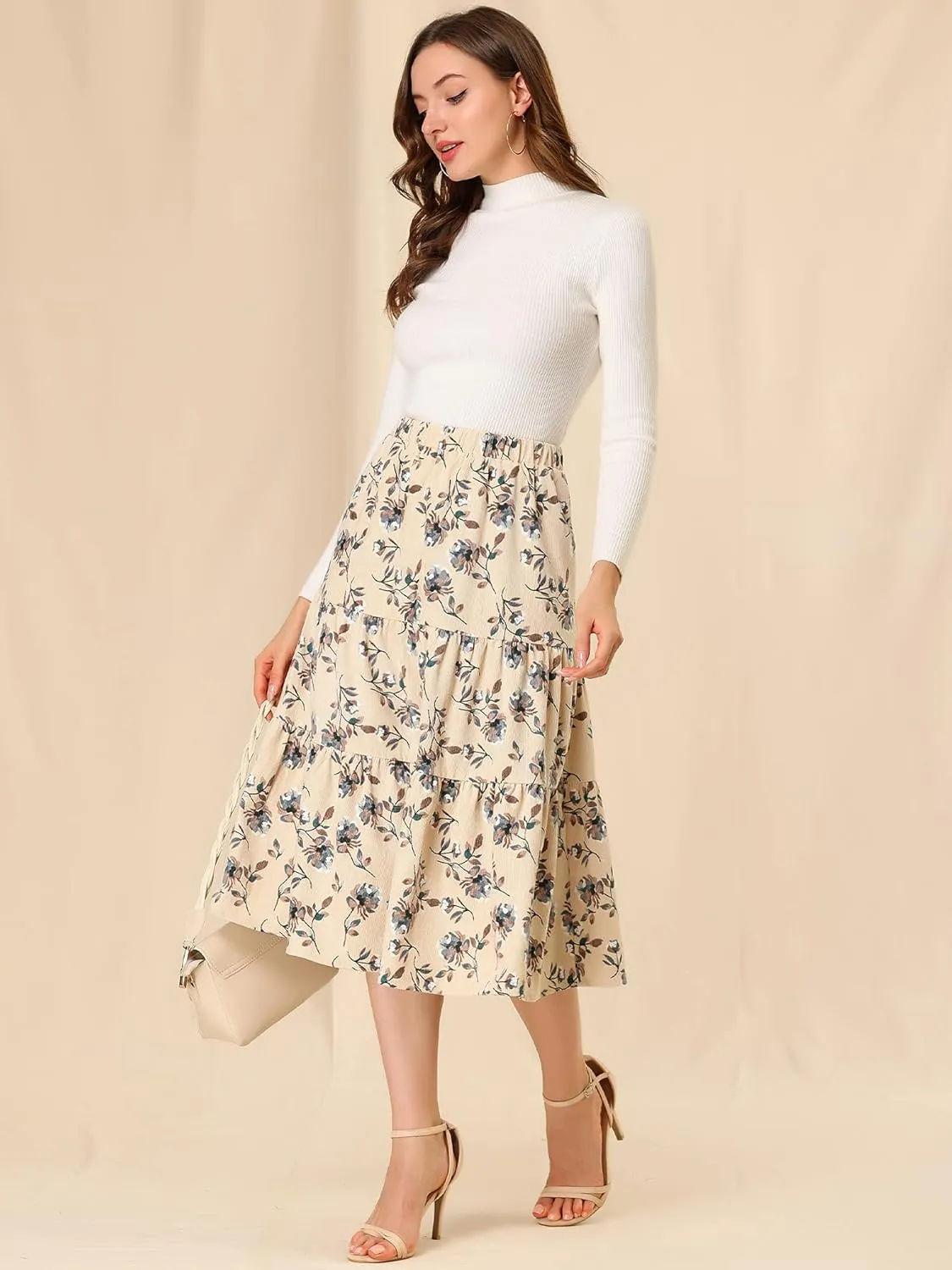 Allegra K Women's Corduroy Elastic Waist Warm Fall A-Line Pockets Tiered Floral Midi Skirt