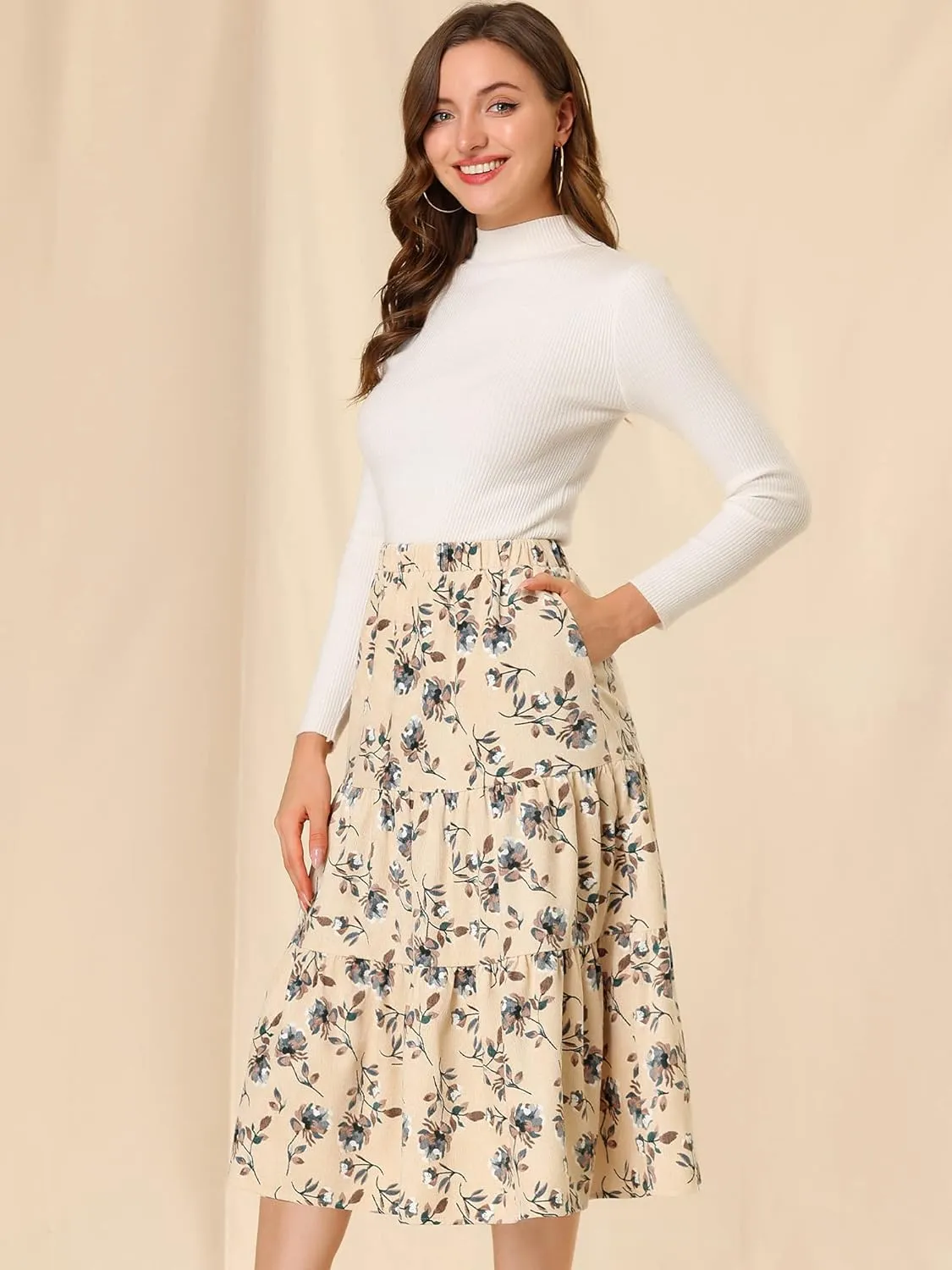 Allegra K Women's Corduroy Elastic Waist Warm Fall A-Line Pockets Tiered Floral Midi Skirt