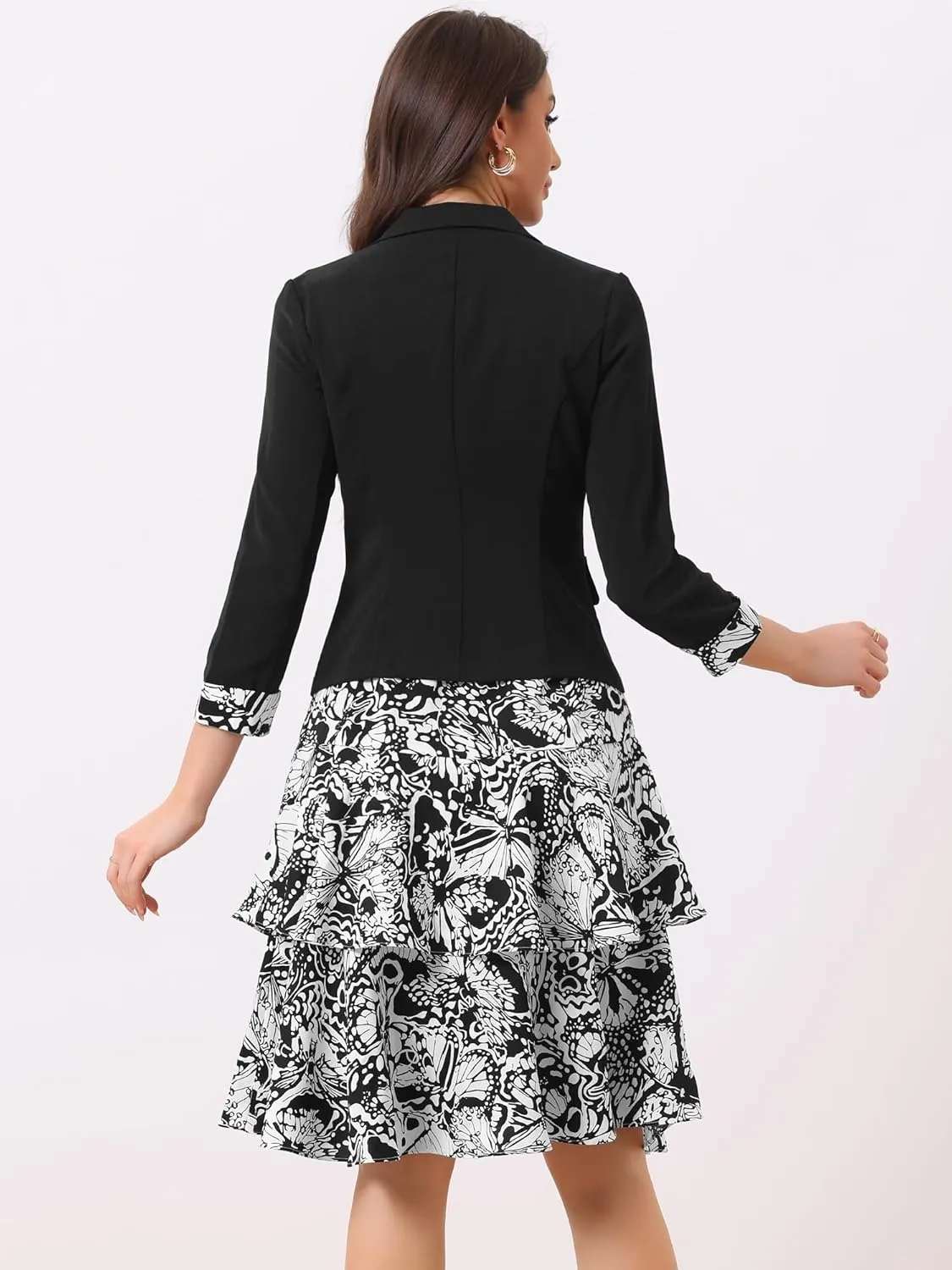 Allegra K Women's Dress Suit Sets 2 Pcs Chiffon V Neck Floral Print Contrast Panel Work Jacket Dresses