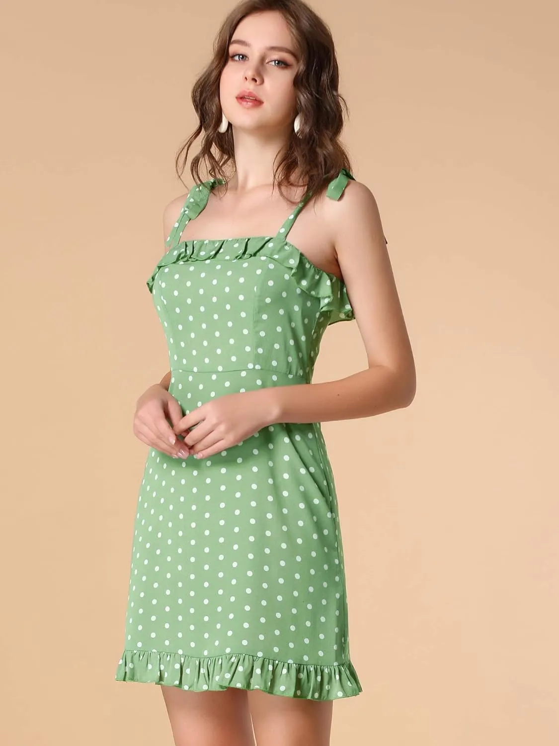 Allegra K Women's Printed Spaghetti Strap Summer Ruffle Flare Mini Slip Dress