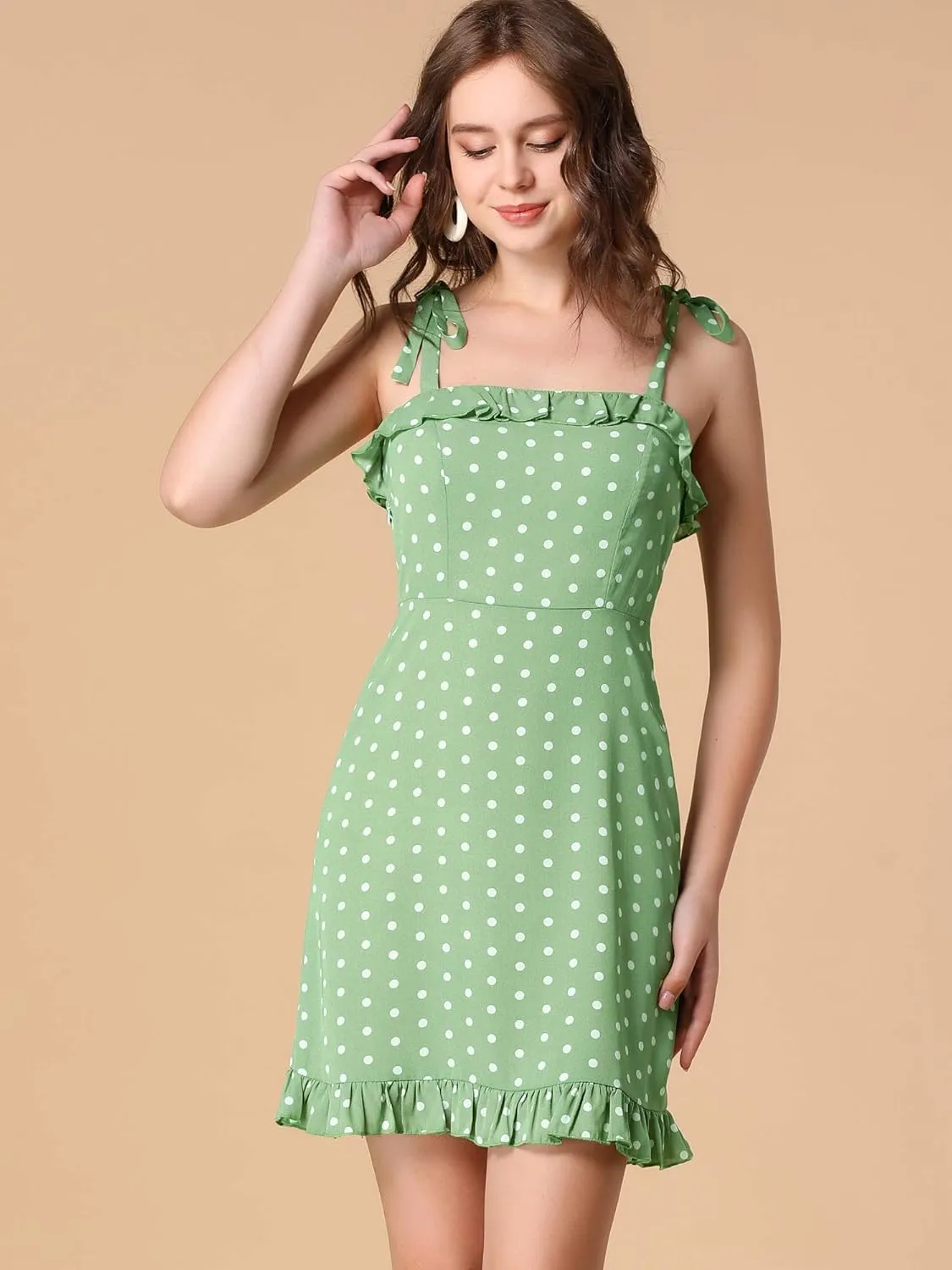Allegra K Women's Printed Spaghetti Strap Summer Ruffle Flare Mini Slip Dress