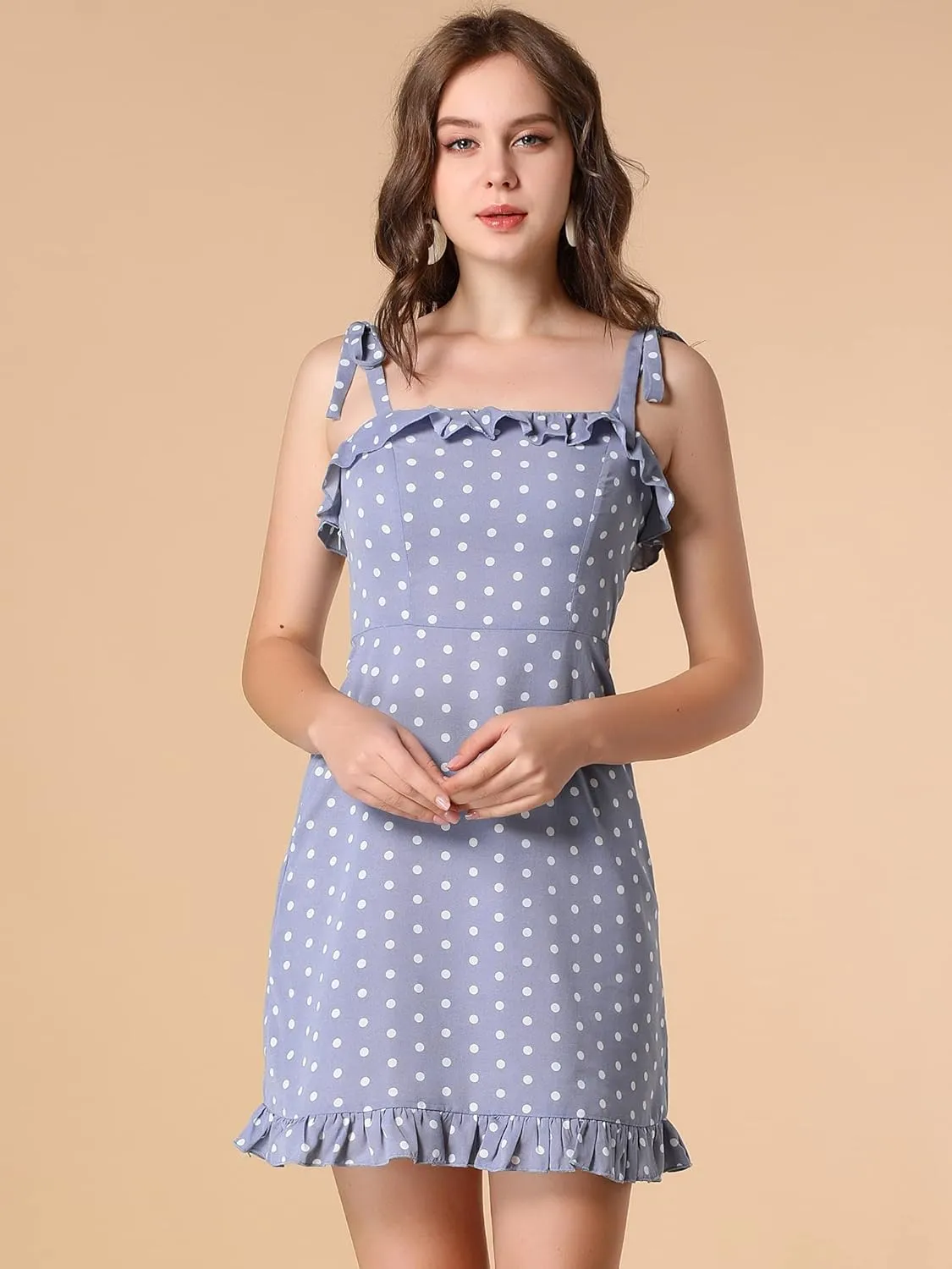 Allegra K Women's Printed Spaghetti Strap Summer Ruffle Flare Mini Slip Dress