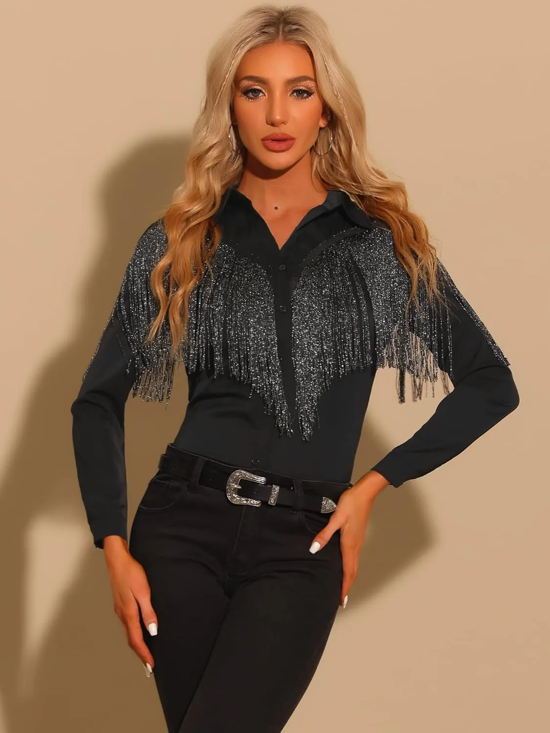 Allegra K Women's Western Fringe Blouse Long Sleeve Button Down Disco Cowgirl Shirts