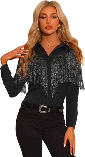 Allegra K Women's Western Fringe Blouse Long Sleeve Button Down Disco Cowgirl Shirts