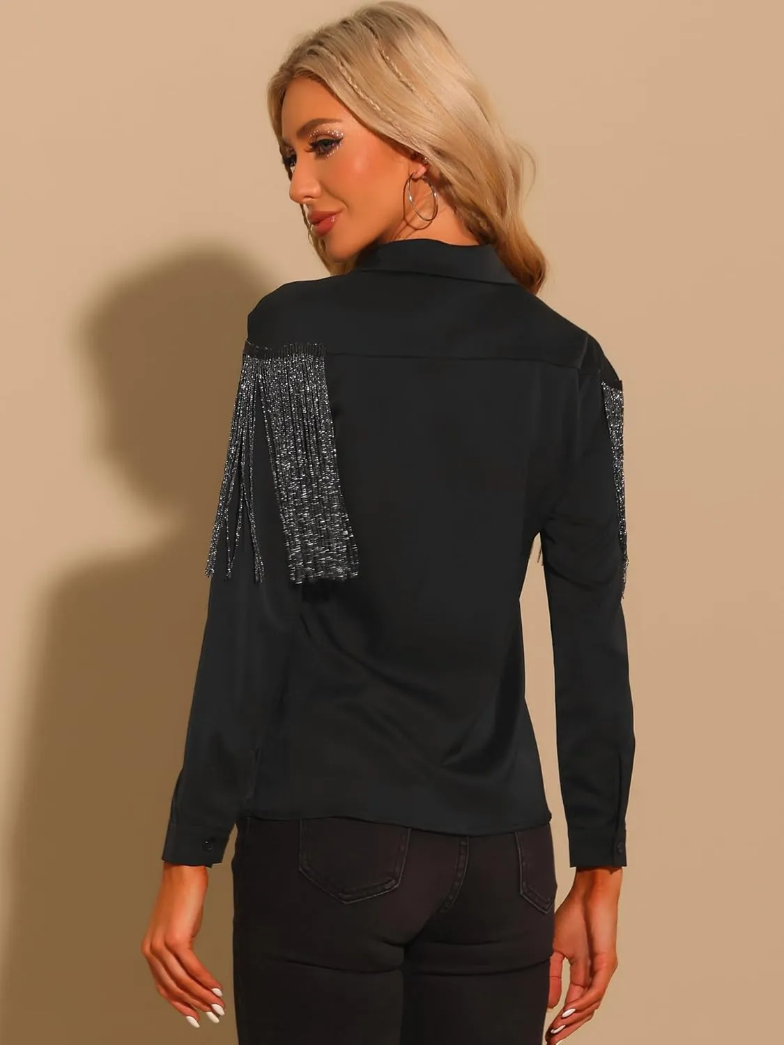 Allegra K Women's Western Fringe Blouse Long Sleeve Button Down Disco Cowgirl Shirts