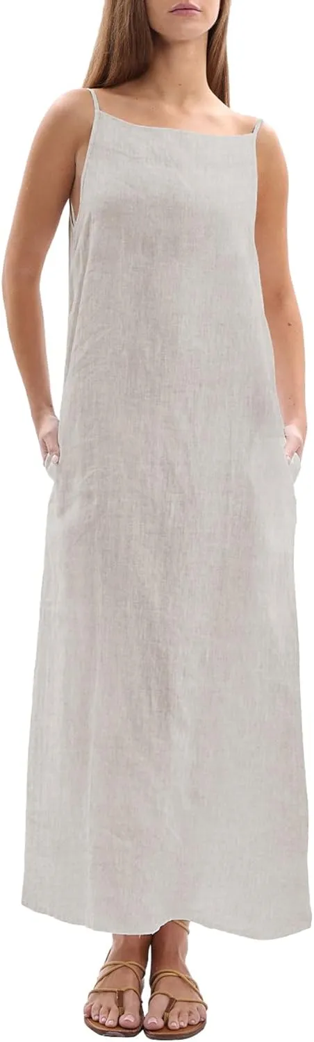 Amazhiyu Women's 100% Linen Casual Summer Sleevelesss Black Tie Maxi Dresses
