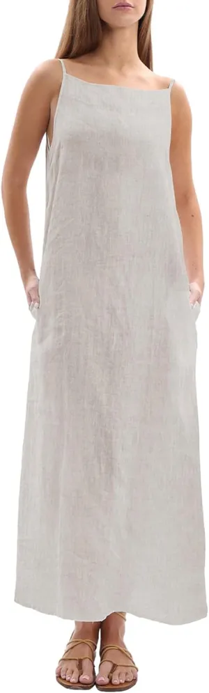 Amazhiyu Women's 100% Linen Casual Summer Sleevelesss Black Tie Maxi Dresses