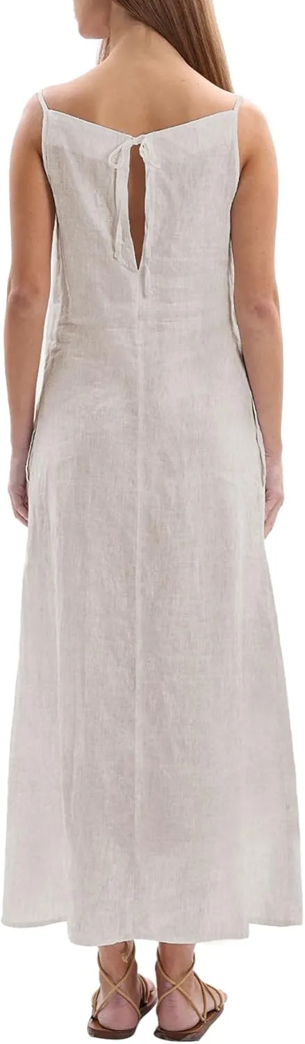 Amazhiyu Women's 100% Linen Casual Summer Sleevelesss Black Tie Maxi Dresses