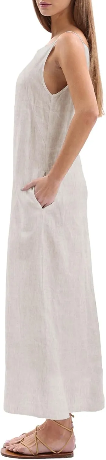 Amazhiyu Women's 100% Linen Casual Summer Sleevelesss Black Tie Maxi Dresses