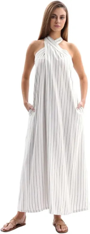 Amazhiyu Women's Linen Striped Halter Sleeveless Maxi Dresses Summer with Pockets