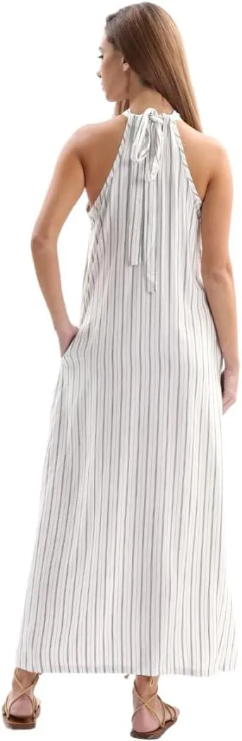 Amazhiyu Women's Linen Striped Halter Sleeveless Maxi Dresses Summer with Pockets