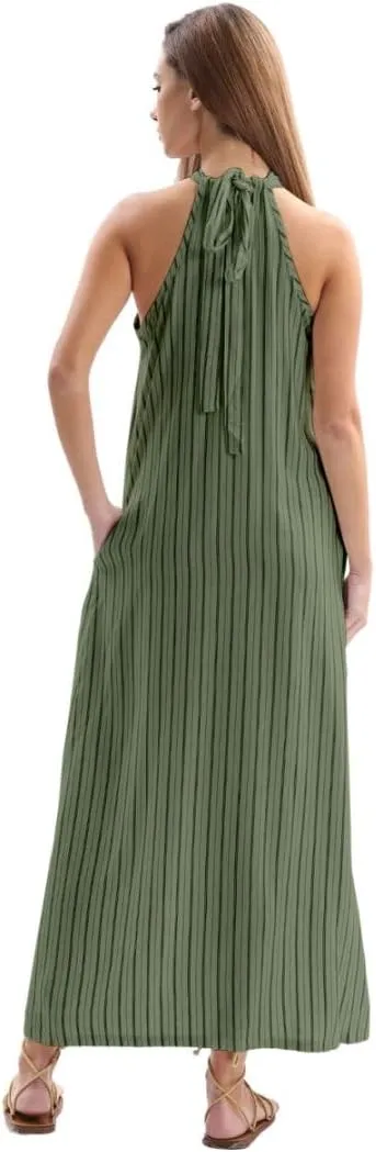 Amazhiyu Women's Linen Striped Halter Sleeveless Maxi Dresses Summer with Pockets