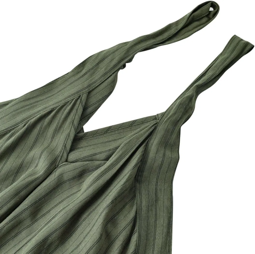 Amazhiyu Women's Linen Striped Halter Sleeveless Maxi Dresses Summer with Pockets
