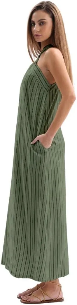 Amazhiyu Women's Linen Striped Halter Sleeveless Maxi Dresses Summer with Pockets